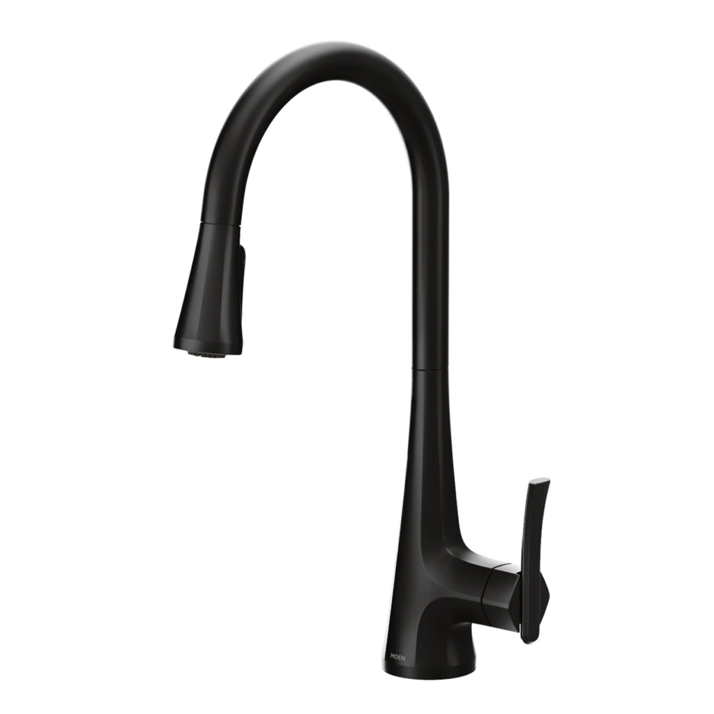 Black matte-finish kitchen faucet with a tall curved neck and right-side lever handle.